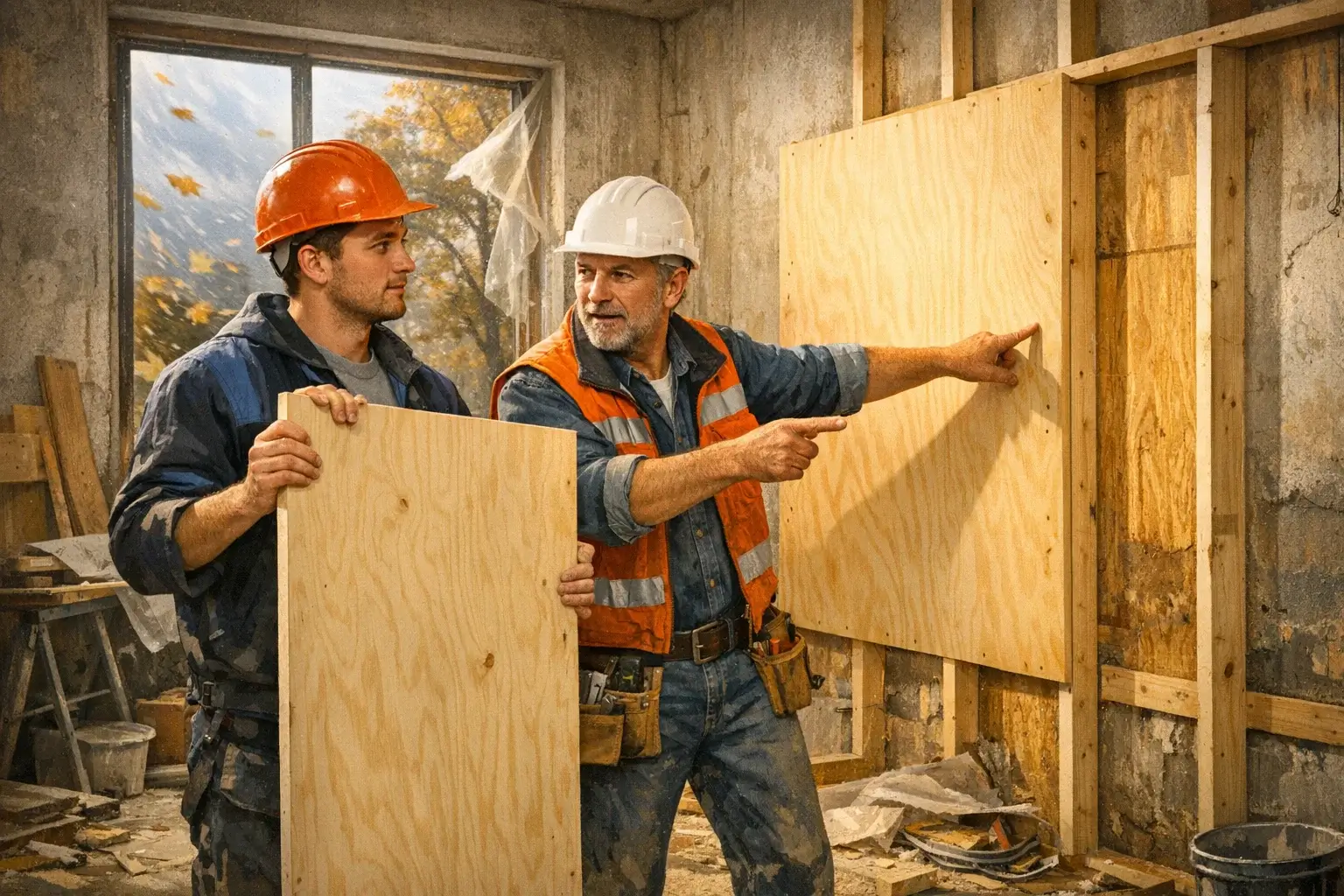 прораб объясняет установку фанеры